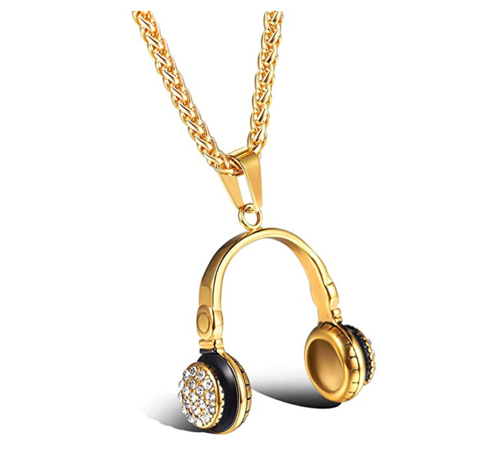 Simulated Diamond Headphone Necklace Disc Jockey Jewelry Hip Hop DJ Chain 24in.