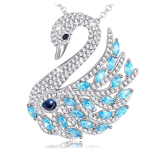 1/4 ct. Simulated Diamond Blue  Swan Necklace Swan Pendant Necklace Brooch Pin 18in.