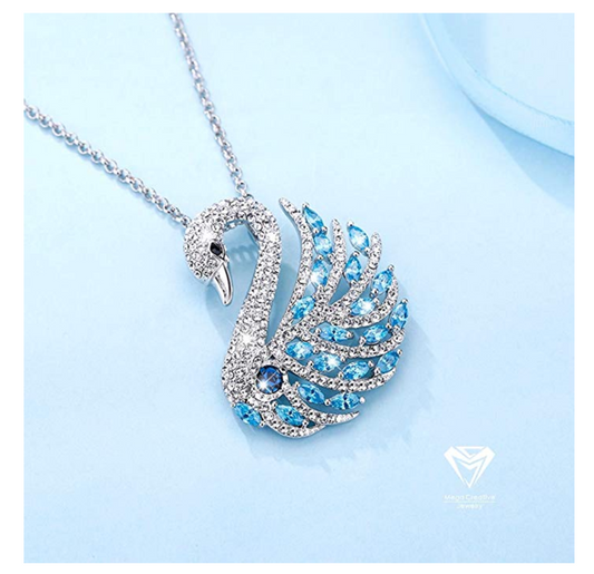 1/4 ct. Simulated Diamond Blue  Swan Necklace Swan Pendant Necklace Brooch Pin 18in.