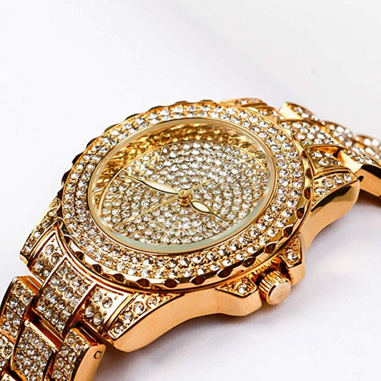Iced Out Gold Color Watch Simulated Diamond Watch Bust Down Hip Hop Bling Jewelry