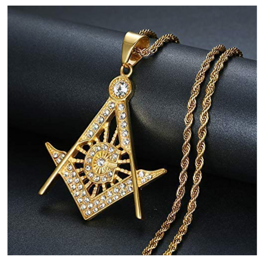 Gold Color Freemason Simulated Diamond Necklace Square & Compass Masonic Chain Pendant G Prince Hall 24in.