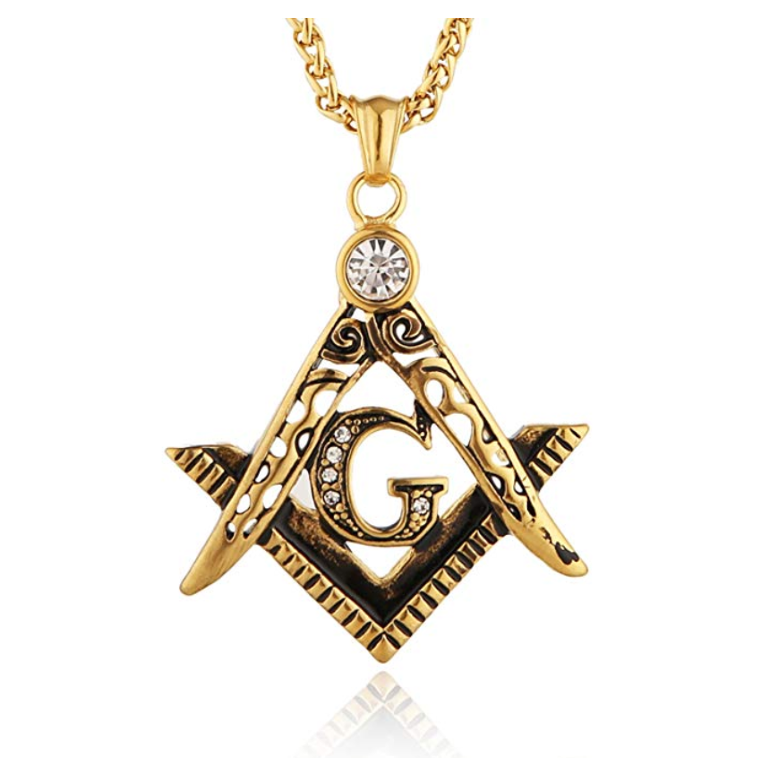 Freemason Necklace Gold Silver Simulated Diamond Masonic Chain Past Master Gift Square Compass G Regalia 24in.