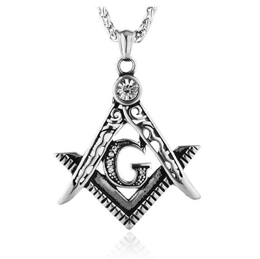 Freemason Necklace Gold Silver Simulated Diamond Masonic Chain Past Master Gift Square Compass G Regalia 24in.