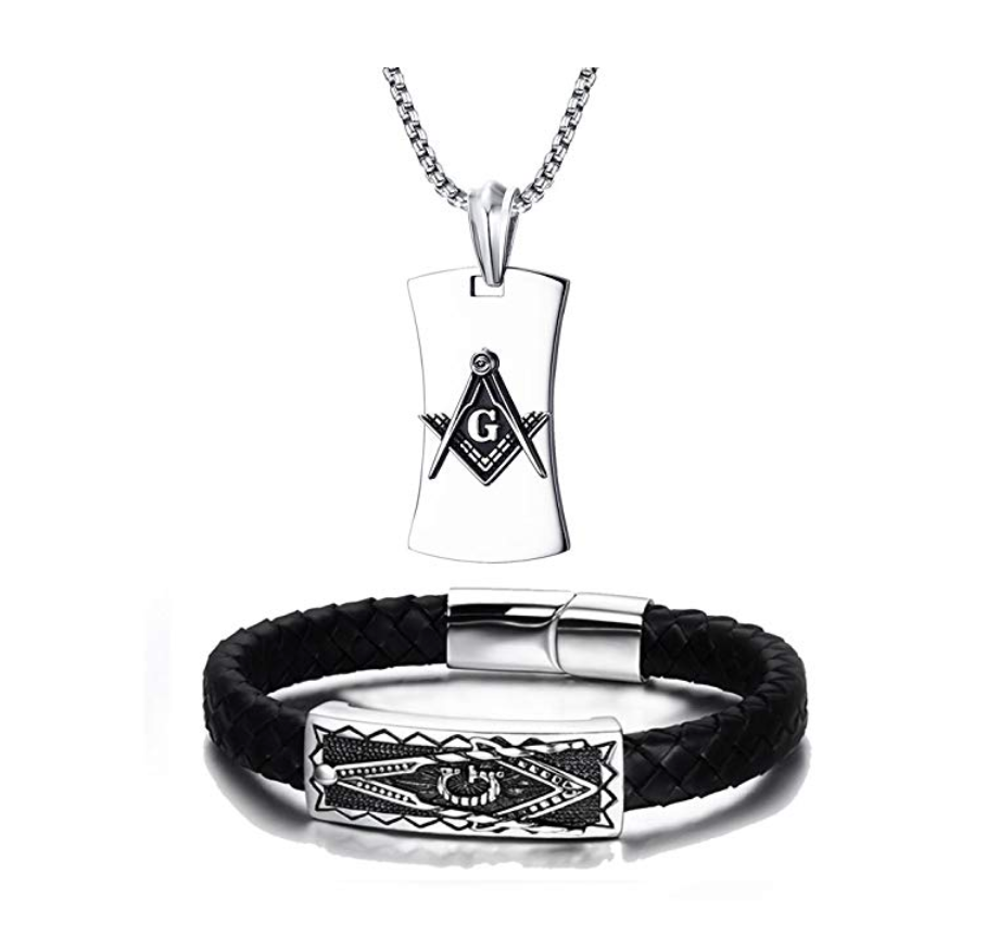 Silver Stainless Steel Freemason Necklace Dog Tag Masonic Chain Jewelry Square & Compass Braided Bracelet 24in.