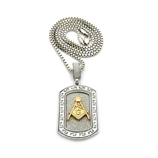 Gold Silver Color Masonic Dog Tag Necklace Simulated Diamond Freemason Chain Square & Compass G Pendant 24in.