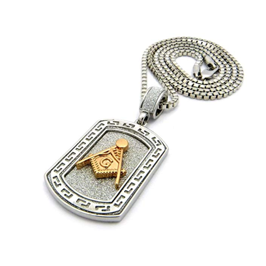 Gold Silver Color Masonic Dog Tag Necklace Simulated Diamond Freemason Chain Square & Compass G Pendant 24in.