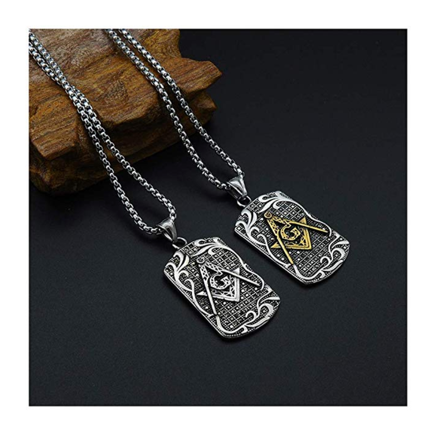Silver & Gold Color Freemason Dog Tag Necklace Masonic Chain  Square & Compass Pendant G Jewelry 24in.