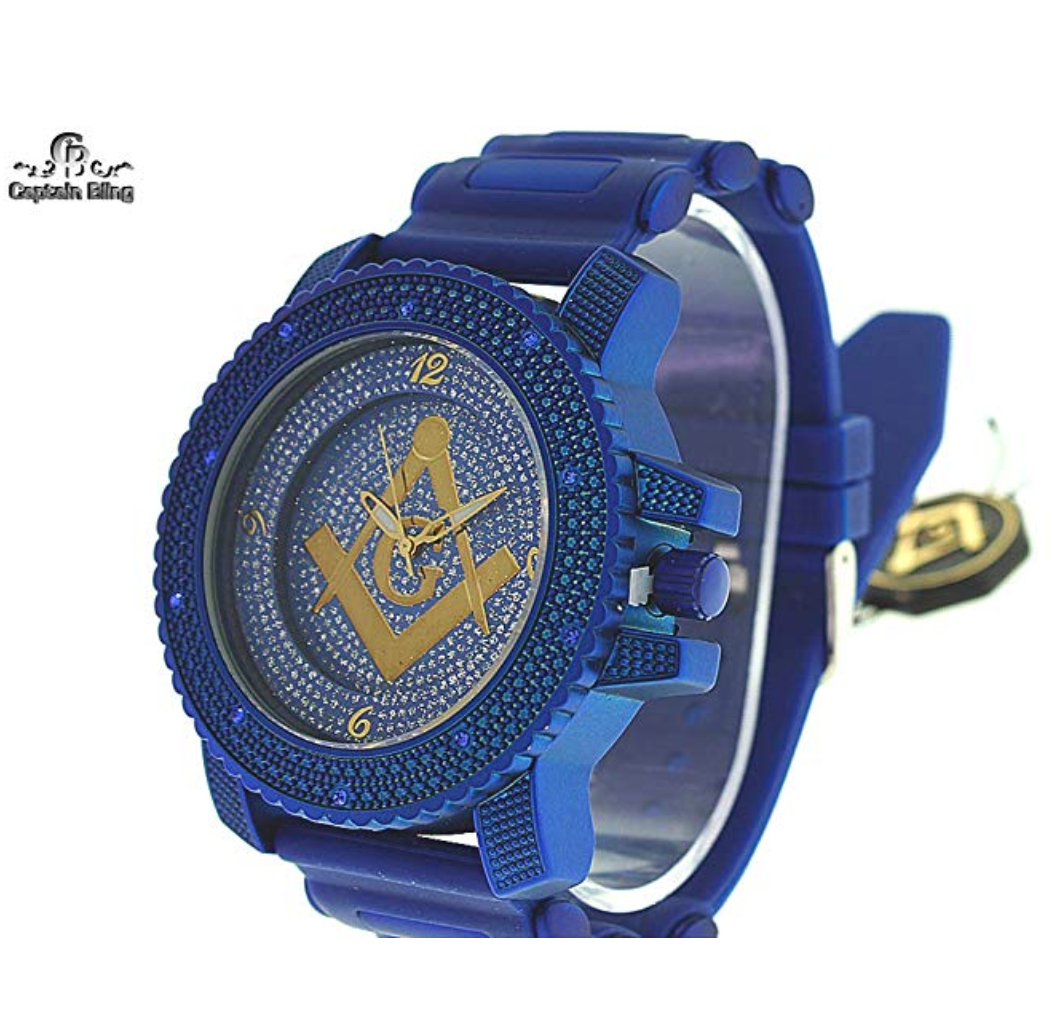 Blue & Gold Masonic Watch Freemason Simulated Diamond Watch Gift Compass & Square Regalia Jewelry