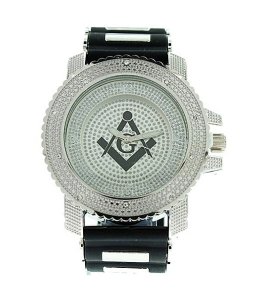 Black Silver Freemason Watch Simulated Diamond Sports Watch Masonic Gift Prince Hall Regalia Compass & Square