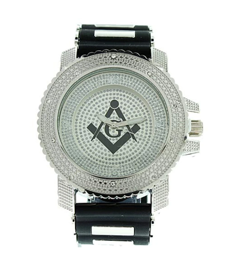 Silver & Black Freemason Watch Simulated Diamonds Gift Masonic Necklace Compass & Square Bracelet Bundle Stainless Steel Set