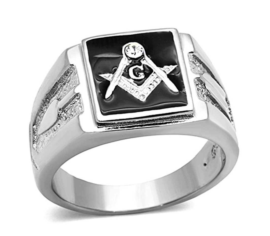 Masonic Ring Simulated Diamond Freemason Jewelry Regalia Gift Square & Compass G Black & Silver