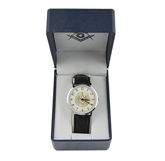 Masonic Watch Freemason Regalia Jewelry black leather Band Gold Compass & Square Gift Box