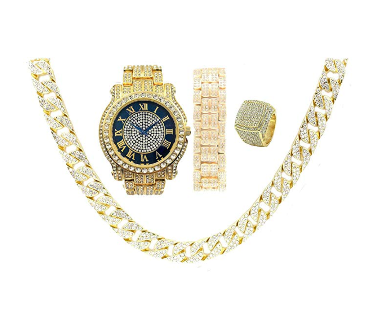 Black Face Gold Color Watch Simulated Diamond Cuban Link Chain Hip Hop Ring Bundle Bracelet Earrings Gift Set