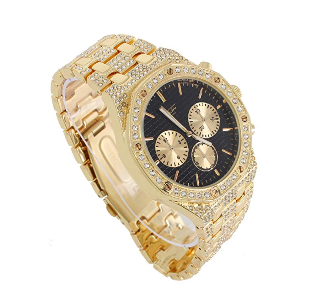 OCTAGONAL CHRONOGRAPH GOLD COLOR SIMULATED DIAMOND WATCH BLACK FACE BUST DOWN WATCH HIP HOP JEWELRY
