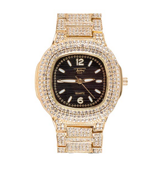 Gold Color Watch Simulated Diamond Black Face Bust Down Hip Hop Jewelry Iced Out Bling Silver Watch