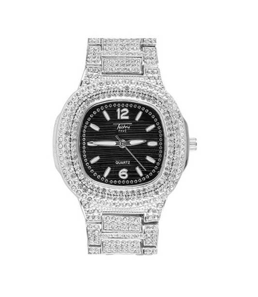 Silver Color Watch Simulated Diamond Watch Black Face Bust Down Hip Hop Jewelry Luxury Watch Gold Tone Watch