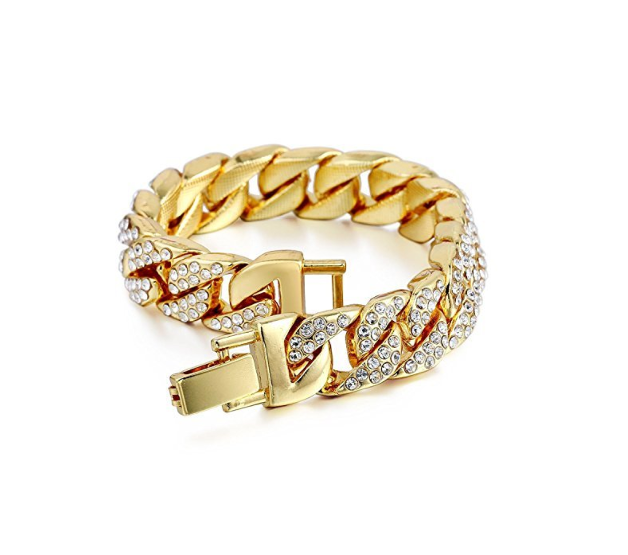 Gold Color Watch Cuban Link Simulated Diamond Bracelet Watch Set Tennis Chain Earrings Hip Hop Ring Bundle