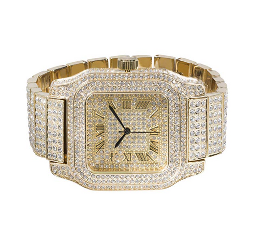 Big Square Watch Gold Color Simulated Diamond Watch Bust Down Silver Large Watch Luxury Hip Hop Jewelry