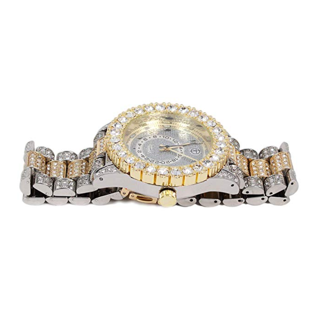 2 Tone Gold Silver Color Watch Simulated Diamond Watch Arabic Dial Bust Down Hip Hop Bling Jewelry Iced Out Watch