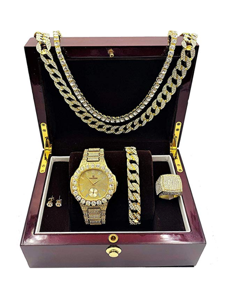 Gold Color Watch Cuban Link Simulated Diamond Bracelet Watch Set Tennis Chain Earrings Hip Hop Ring Bundle