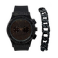 Black Simulated Diamond Chronograph Watch Set Cuban Link Bracelet Hip Hop Jewelry Bling Bundle