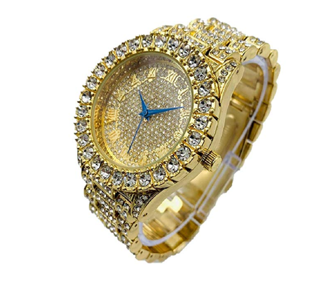 Gold Color Watch Roman Numerals Bezel Watch Simulated-Diamonds Bust Down.