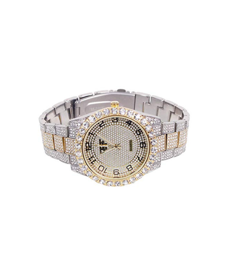 2 Tone Gold Silver Color Watch Simulated Diamond Watch Bust Down Hip Hop Watch Bling Jewelry