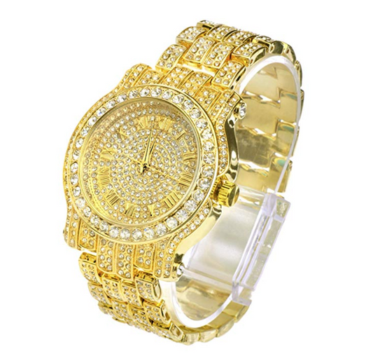 Gold Color Watch Simulated Diamonds Bust Down Hip Hop Watch Rapper Iced Out Watch Silver Bling Jewelry