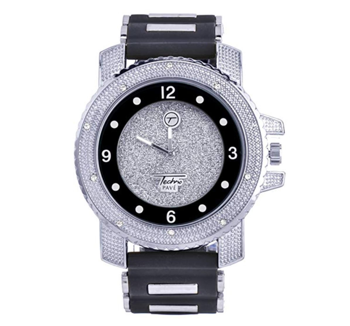 Silver Color Watch Simulated Diamond Watch Red Bullet Band Watch Hip Hop Jewelry Big Face Bling Watch Red Rubber Strap