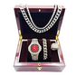 Red Face Simulated Diamond Watch Silver Color Watch Cuban Link Necklace Bracelet Set Tennis Chain Watch Earring Bundle