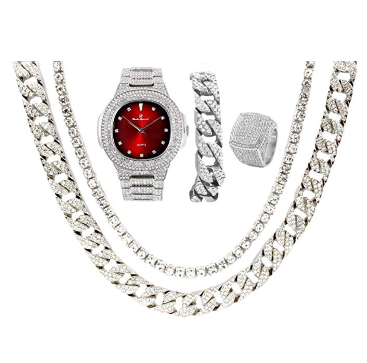 Red Face Simulated Diamond Watch Silver Color Watch Cuban Link Necklace Bracelet Set Tennis Chain Watch Earring Bundle