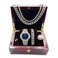 Blue Face Watch Simulated Diamond Silver Color Cuban Link Necklace Bracelet Set Tennis Chain Watch Earring Bundle