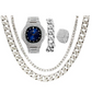 Blue Face Watch Simulated Diamond Silver Color Cuban Link Necklace Bracelet Set Tennis Chain Watch Earring Bundle