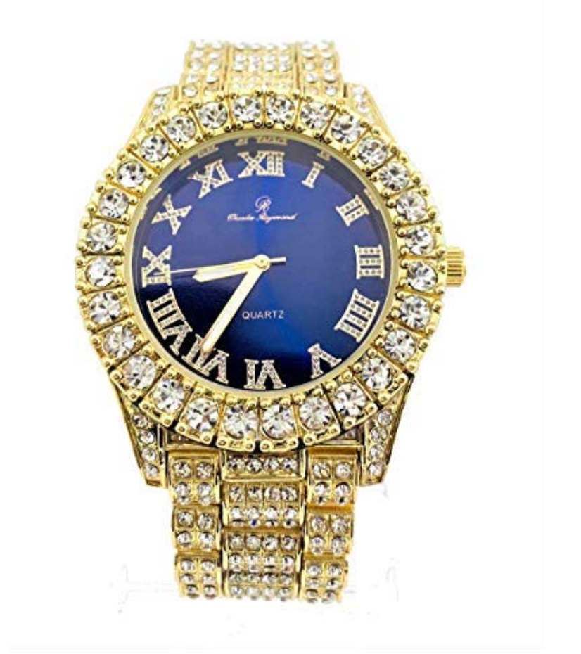 Blue Face Watch Gold Color Simulated Diamond Cuban Link Necklace Bracelet Set Tennis Chain Watch Earring Bundle