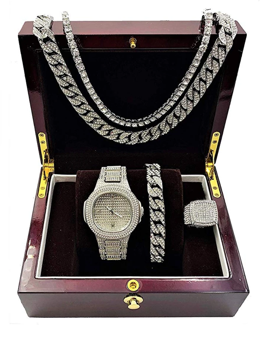Silver Color Watch Simulated Diamond Watch Cuban Link Necklace Bracelet Set Tennis Chain Hip Hop Watch Earring Bundle