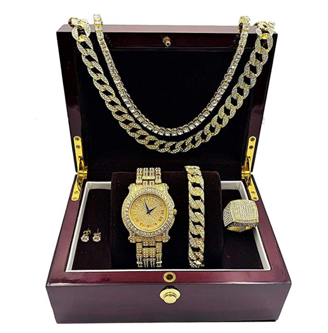Gold Color Watch Simulated Diamond Bundle Cuban Bracelet Tennis Necklace Bust Down Ring Set