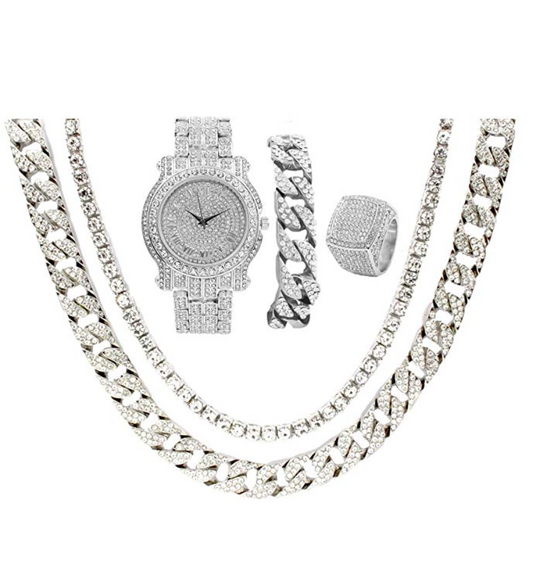 Silver Color Watch Simulated Diamond Watch Bundle Cuban Bracelet Tennis Necklace Diamonds Bust Down Ring Set