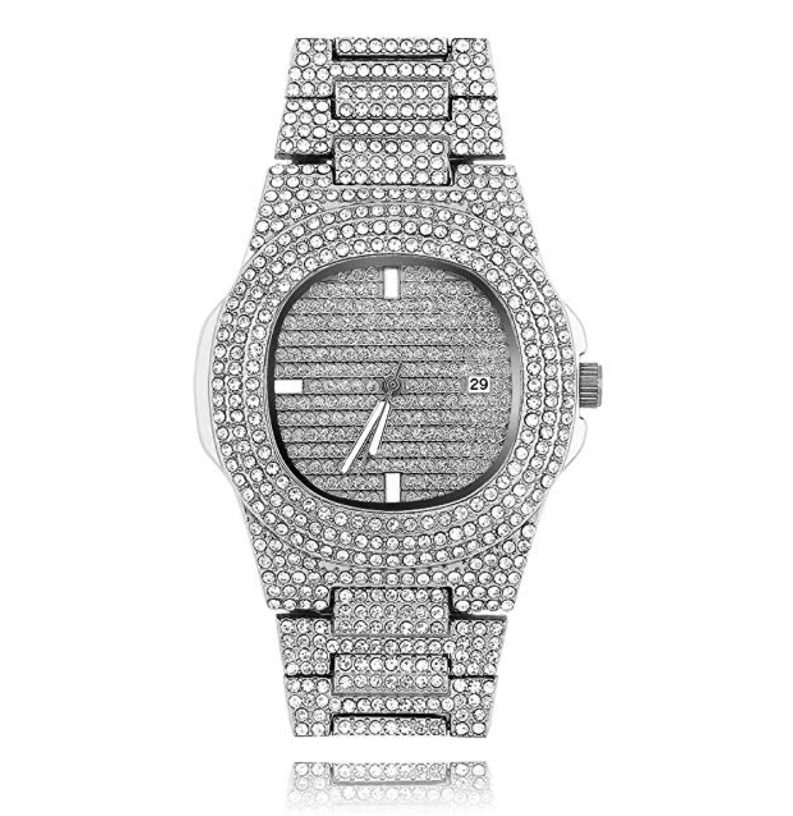 Silver Color Watch Simulated Diamond Watch Luxury Hip Hop Bling Bust Down Watch Iced Out Bling Watch