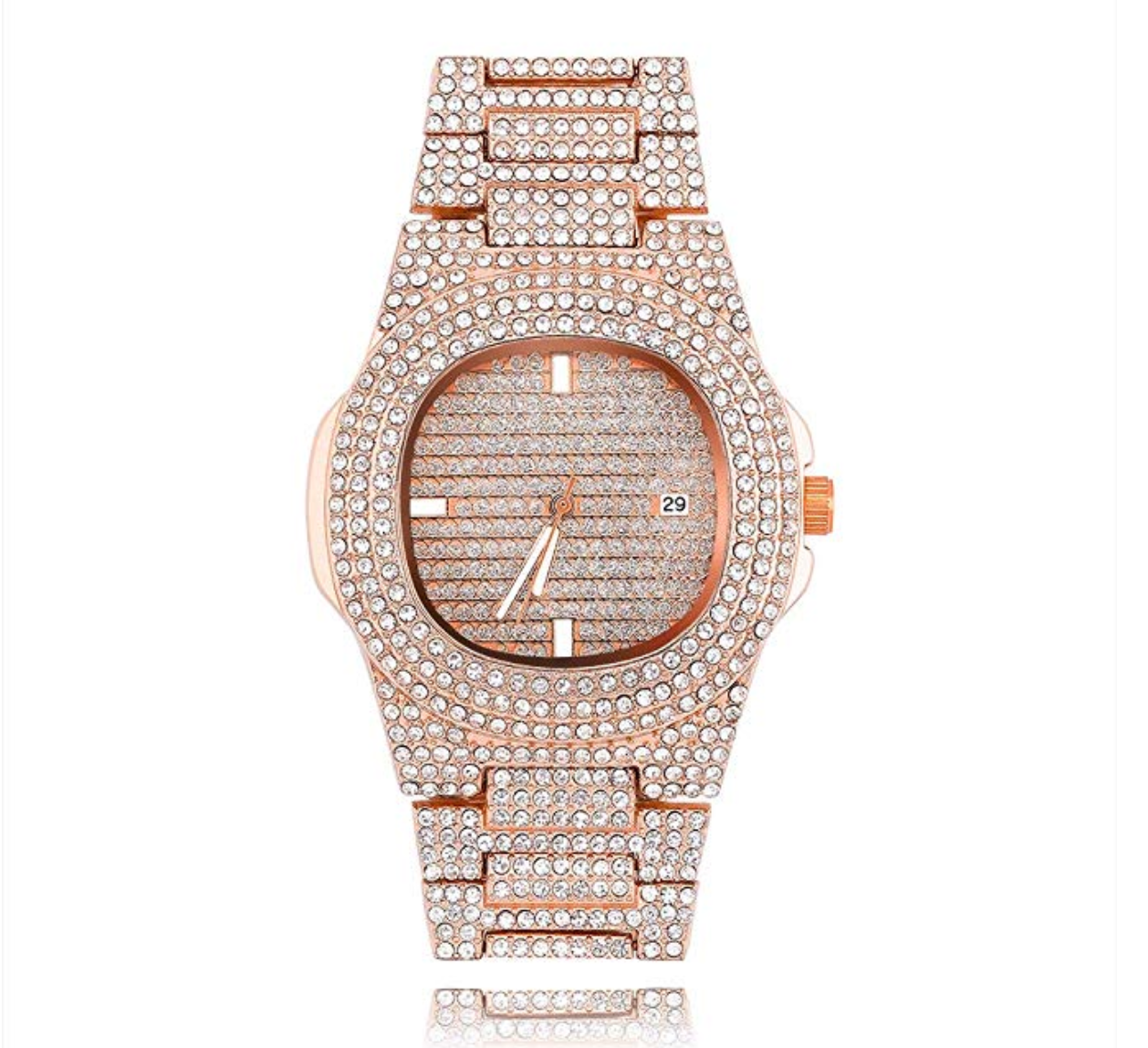 Silver Color Watch Simulated Diamond Watch Luxury Hip Hop Bling Bust Down Watch Iced Out Bling Watch