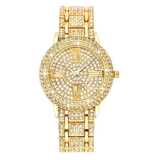 Women's Simulated Diamond Watch Roman Numeral Hip Hop Gold Silver Color Watch Gift Bling Jewelry