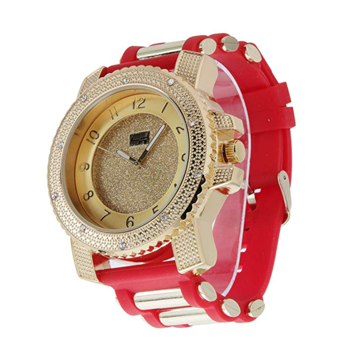 Red Bullet Band Gold Tone Simulated Diamond Watch Hip Hop Bling Jewelry Iced Out Watch