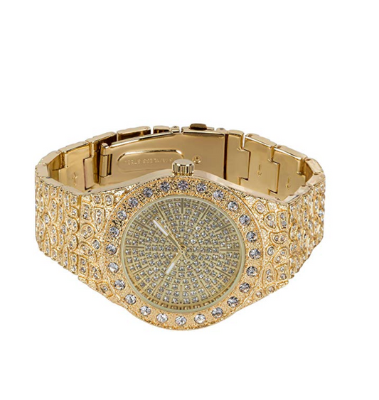 Gold Color Nugget Watch Simulated Diamond Hip Hop Iced Out Silver Bling Jewelry Gift