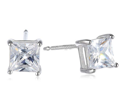 7mm Princess Cut Stud Earring Square Diamond Men Womens Earrings 925 Sterling Silver