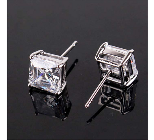 7mm 925 Sterling Silver Square Diamond Stud Earring Mens Womens Princess Cut Earrings