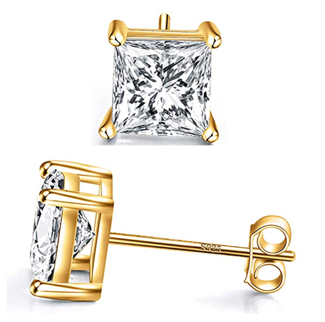7mm 925 Sterling Silver Square Diamond Stud Earrings Mens Womens Princess Cut Rose Gold