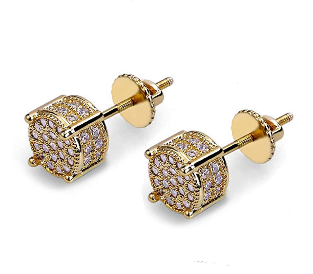 7mm Gold 925 Sterling Silver Round Bullet Earrings Diamond Mens Hip Hop Earrings Circle Screw Back Iced Out