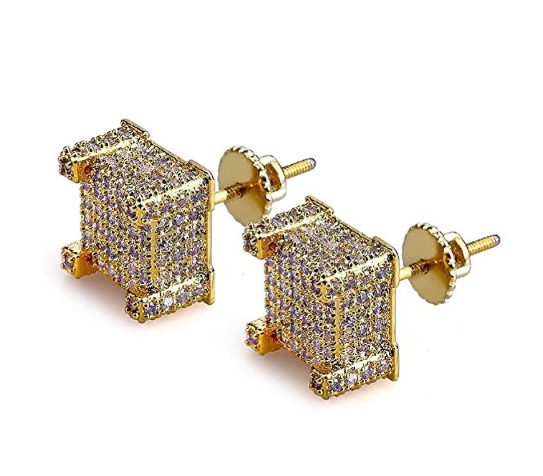 10mm Square Box 925 Sterling Silver Gold Big Diamond Earrings Hip Hop Mens Screw Back Earrings Iced Out