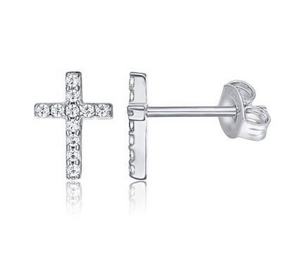 7mm Silver Color Metal Alloy Simulated-Diamonds Cross Earrings Gold Jesus Christian Jewelry Diamond Cross Earring