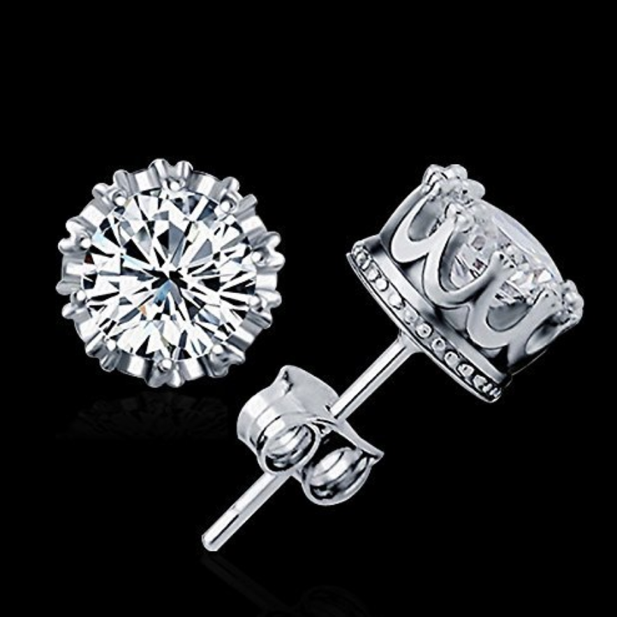 7mm 925 Sterling Silver Crown Earrings Hip Hop Gold Diamond Stud Mens Womens Earrings Round Solitaire