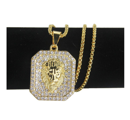 Lion Head Necklace Lion of Judah Chain Hebrew Israelite Jewelry Leo Silver Hip Hop Bling Gold Color Metal Alloy Simulated-Diamond 24in.
